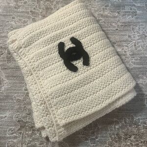 Cream Knit Blanket with Black Logo
